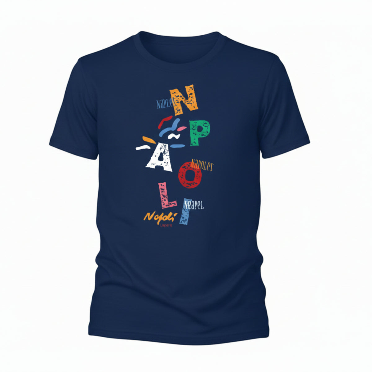 Maglietta blu da bambino con lettere colorate Napoli di Matilde Lepore, vista frontale