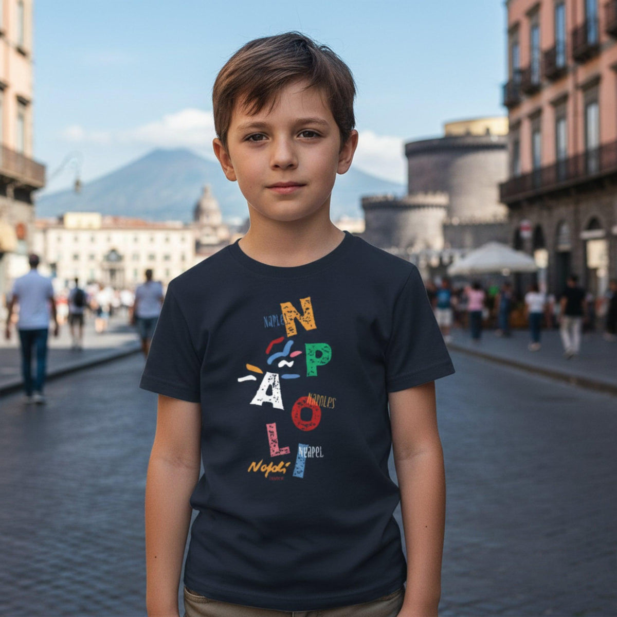 Bambino con maglietta blu e lettere colorate Napoli di Matilde Lepore, all’aperto