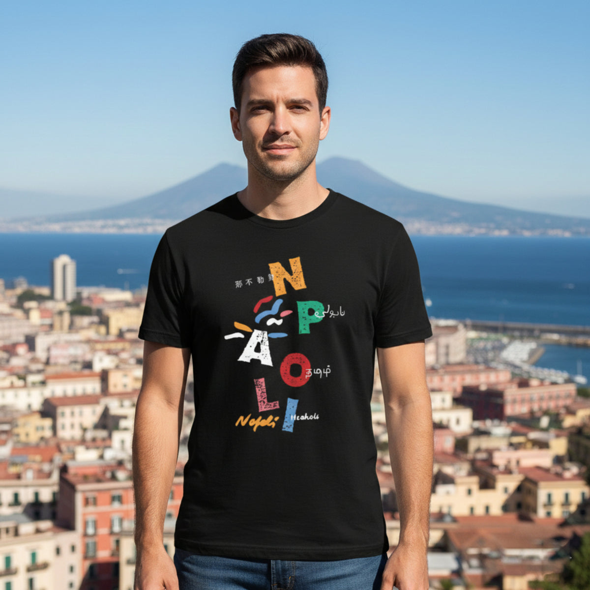 Uomo con maglietta nera e lettere multicolori di Napoli, con città, mare e vulcano sullo sfondo