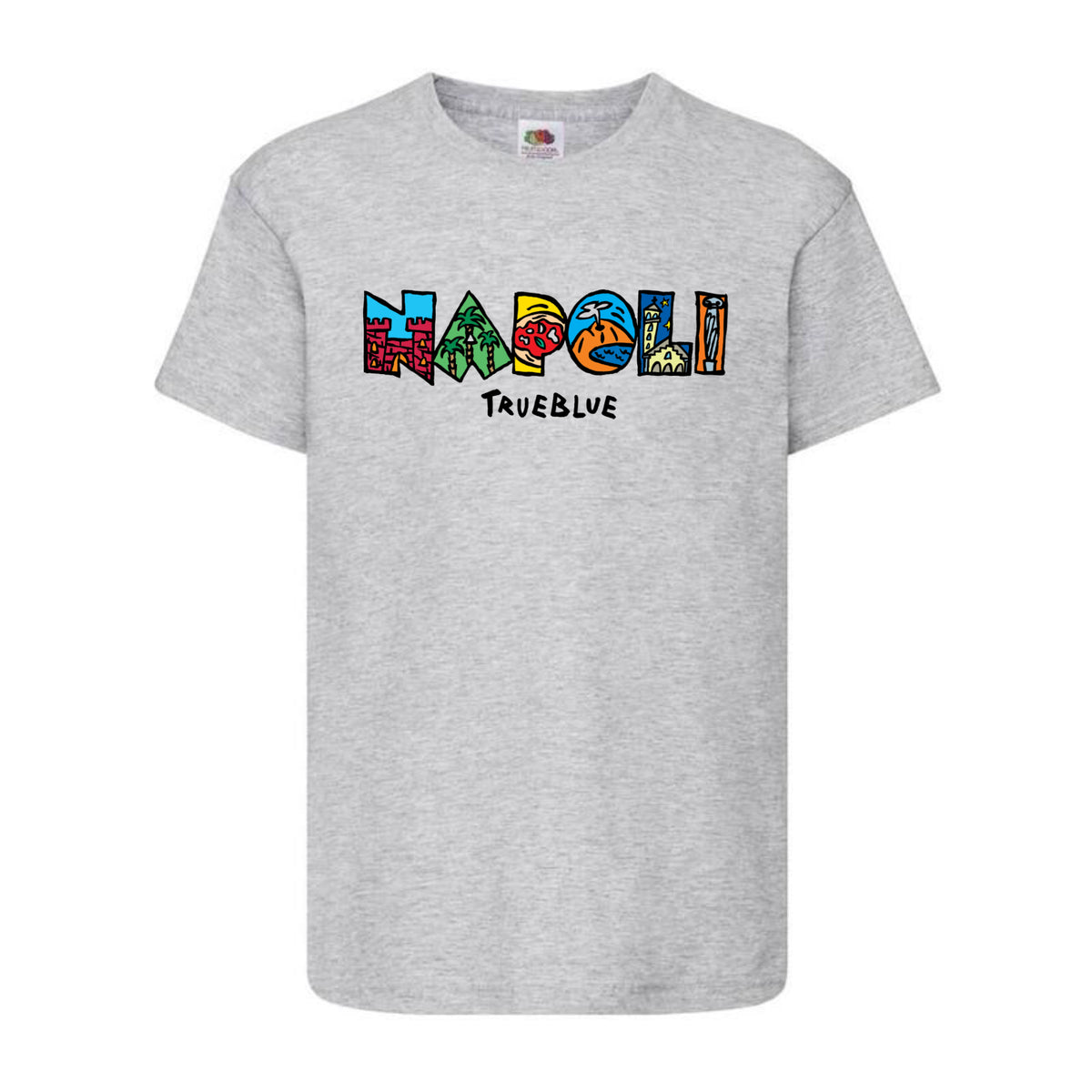 Maglietta grigia da bambino con scritta illustrata Napoli TrueBlue, vista frontale