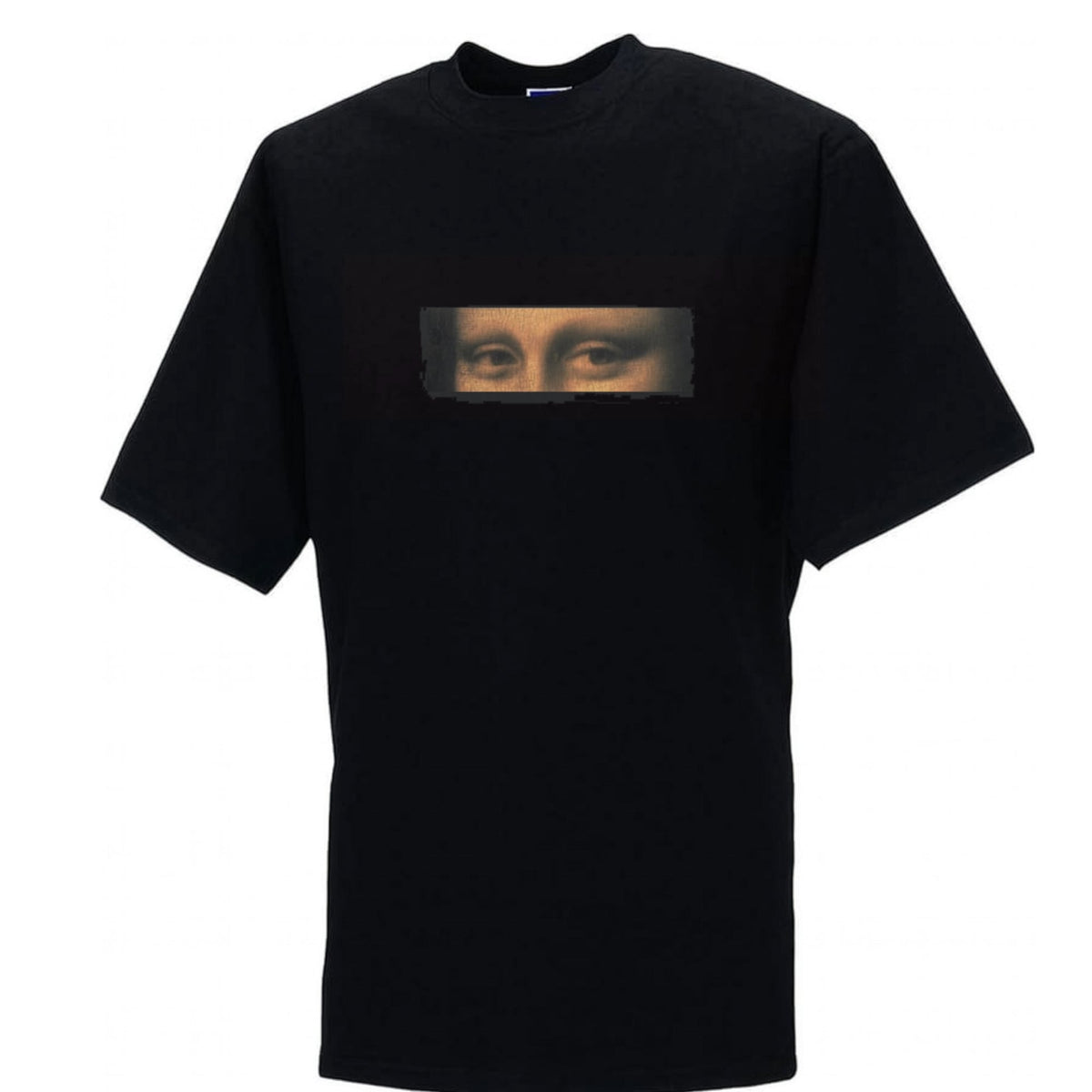 T-shirt noir avec les yeux de la Joconde et la signature de Da Vinci.