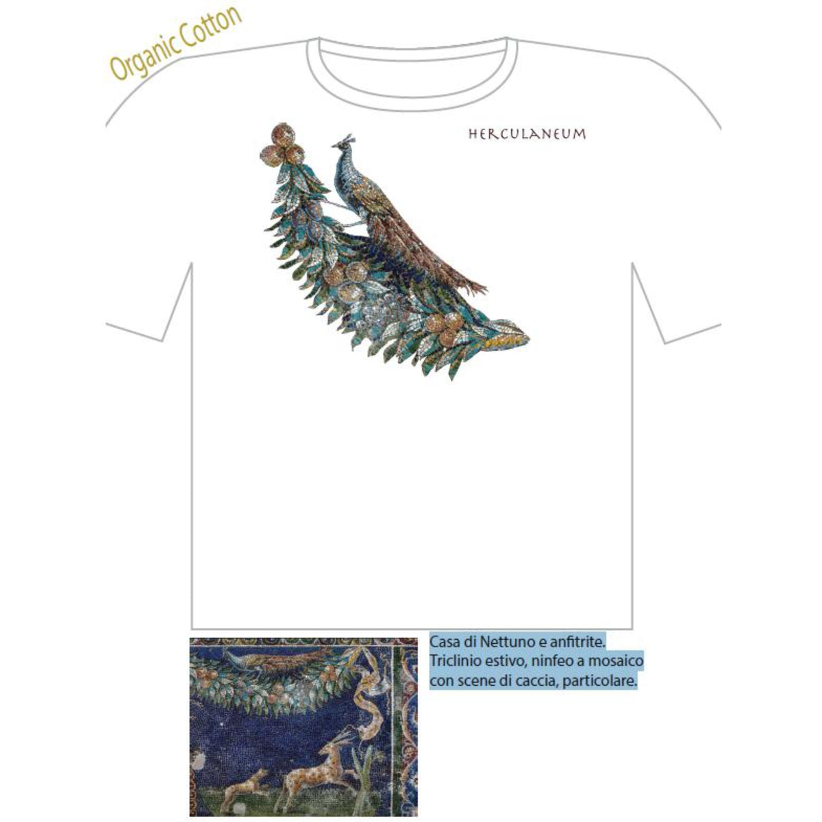 Illustrazione di maglietta bianca Pavone Herculaneum con dettaglio di mosaico e didascalia