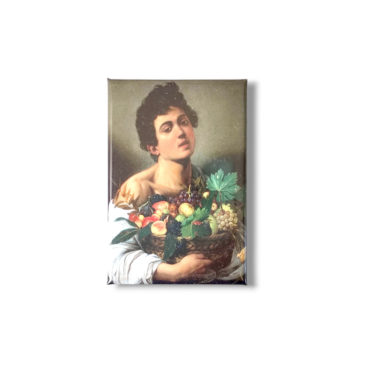 Magnete rettangolare con Giovane con canestra di frutta di Caravaggio, su fondo bianco