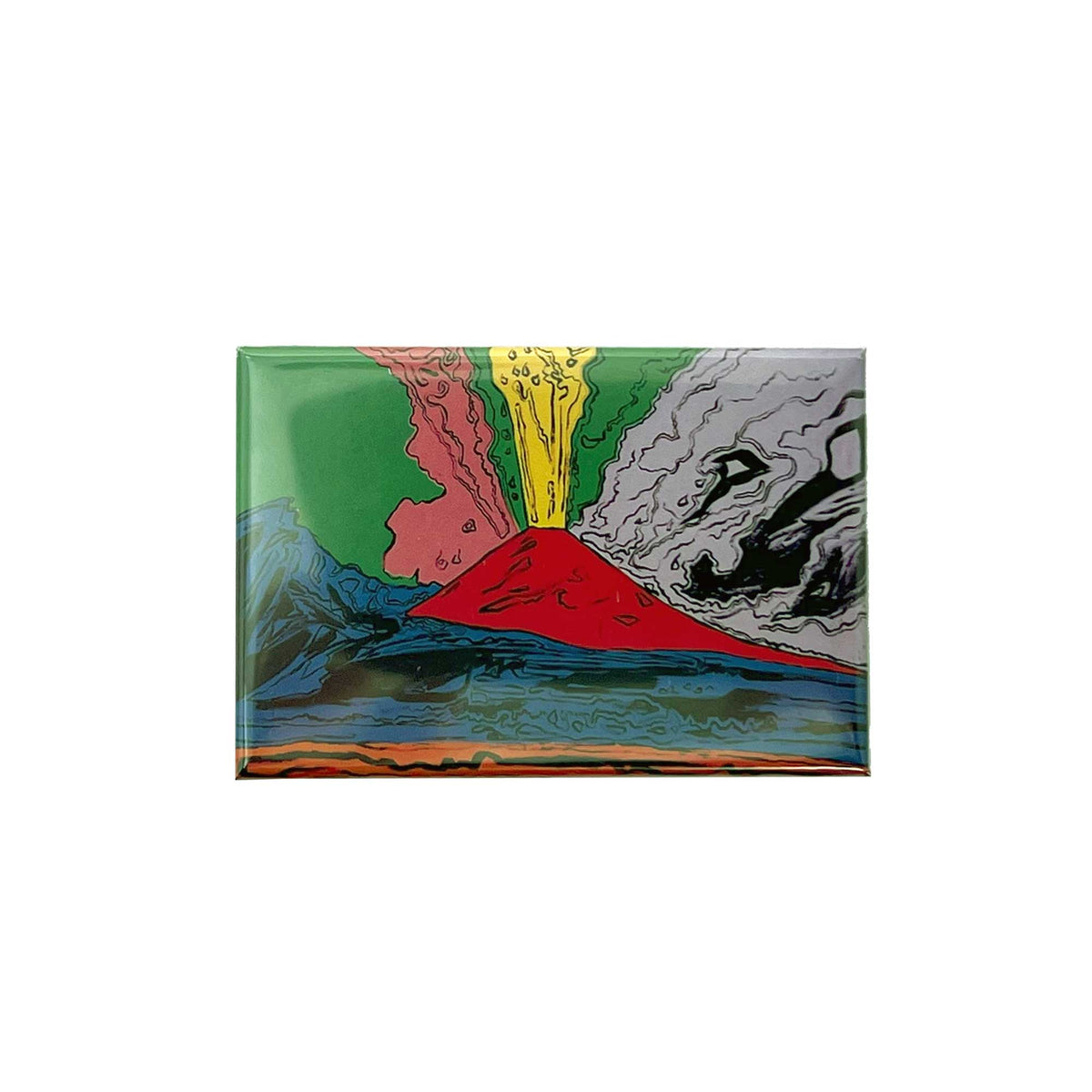 Magnete rettangolare con Vesuvius di Andy Warhol, vulcano rosso e pennacchi multicolori, su fondo bianco