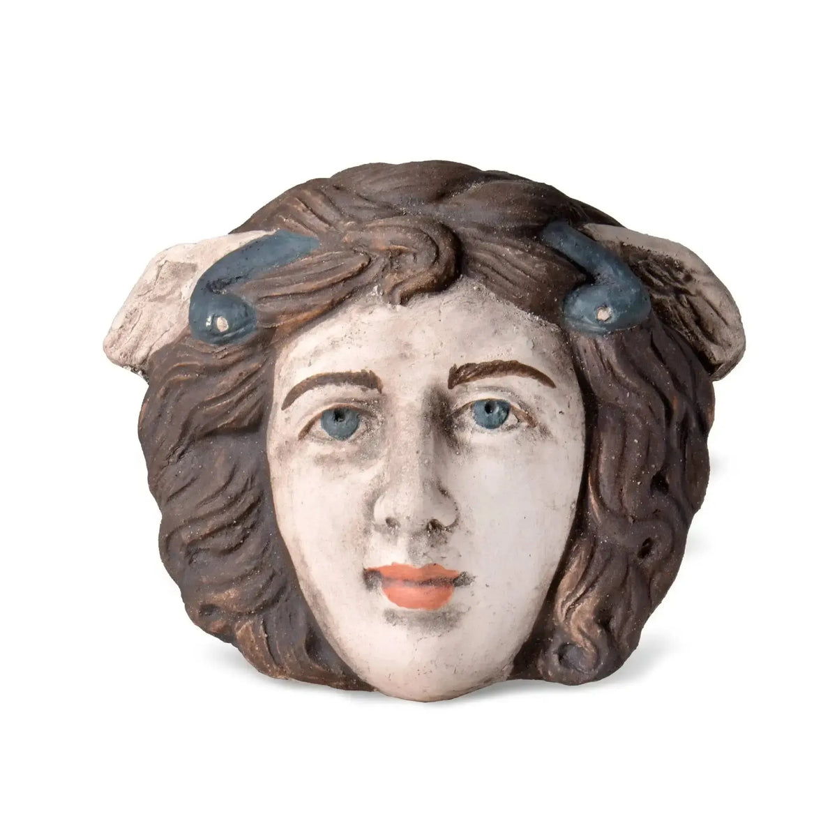 Maschera Medusa Gorgone in terracotta, con serpenti blu tra i capelli, su fondo bianco