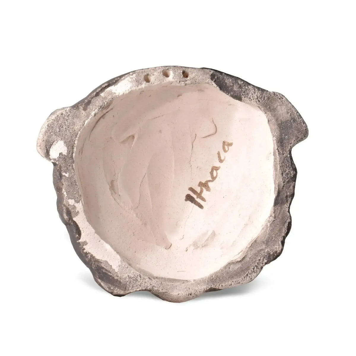 Retro concavo della maschera Medusa Gorgone in terracotta, con fori sul bordo superiore