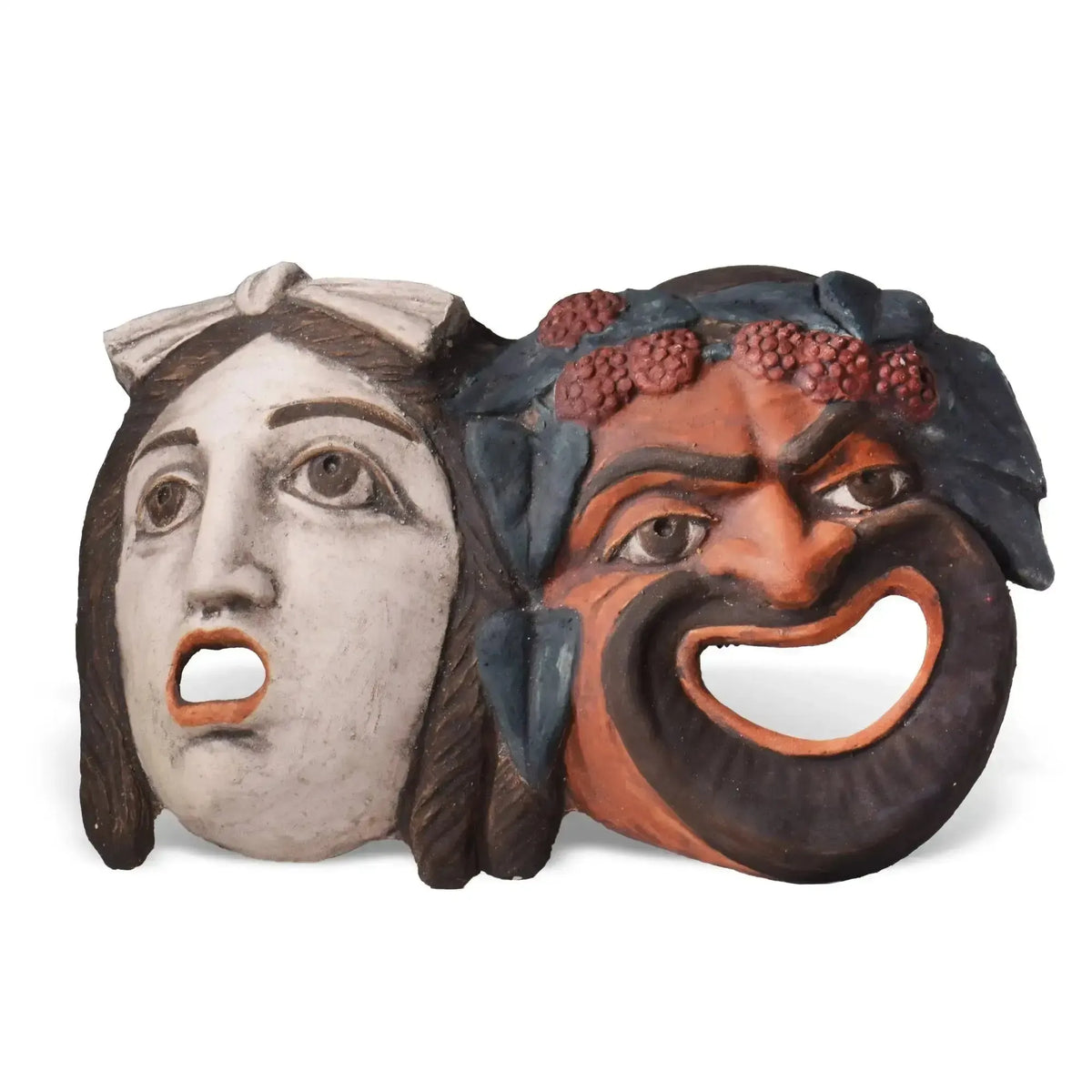 Comedy and tragedy masks in terracotta, inspired by the Pompeian theatre