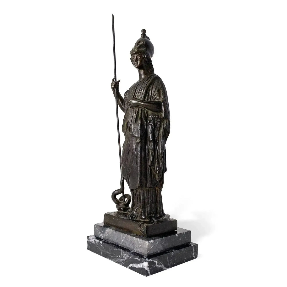 Seitenansicht der Bronzestatue von Minerva, der Göttin der Weisheit