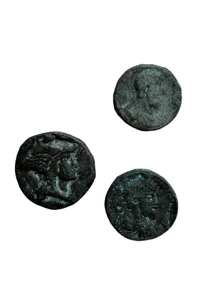 Bronzemünzset mit grüner Patina, das antike Details in Relief zeigt, fotografiert auf weißem Hintergrund.