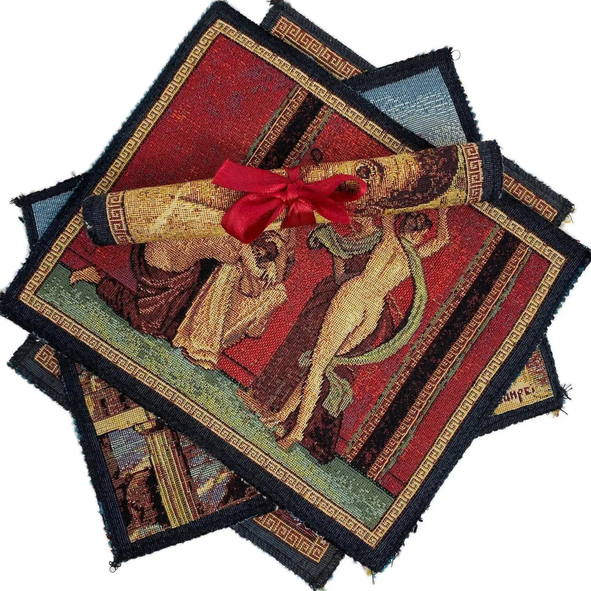 Mouse pad jacquard sovrapposti, con un tappetino arrotolato e fiocco rosso