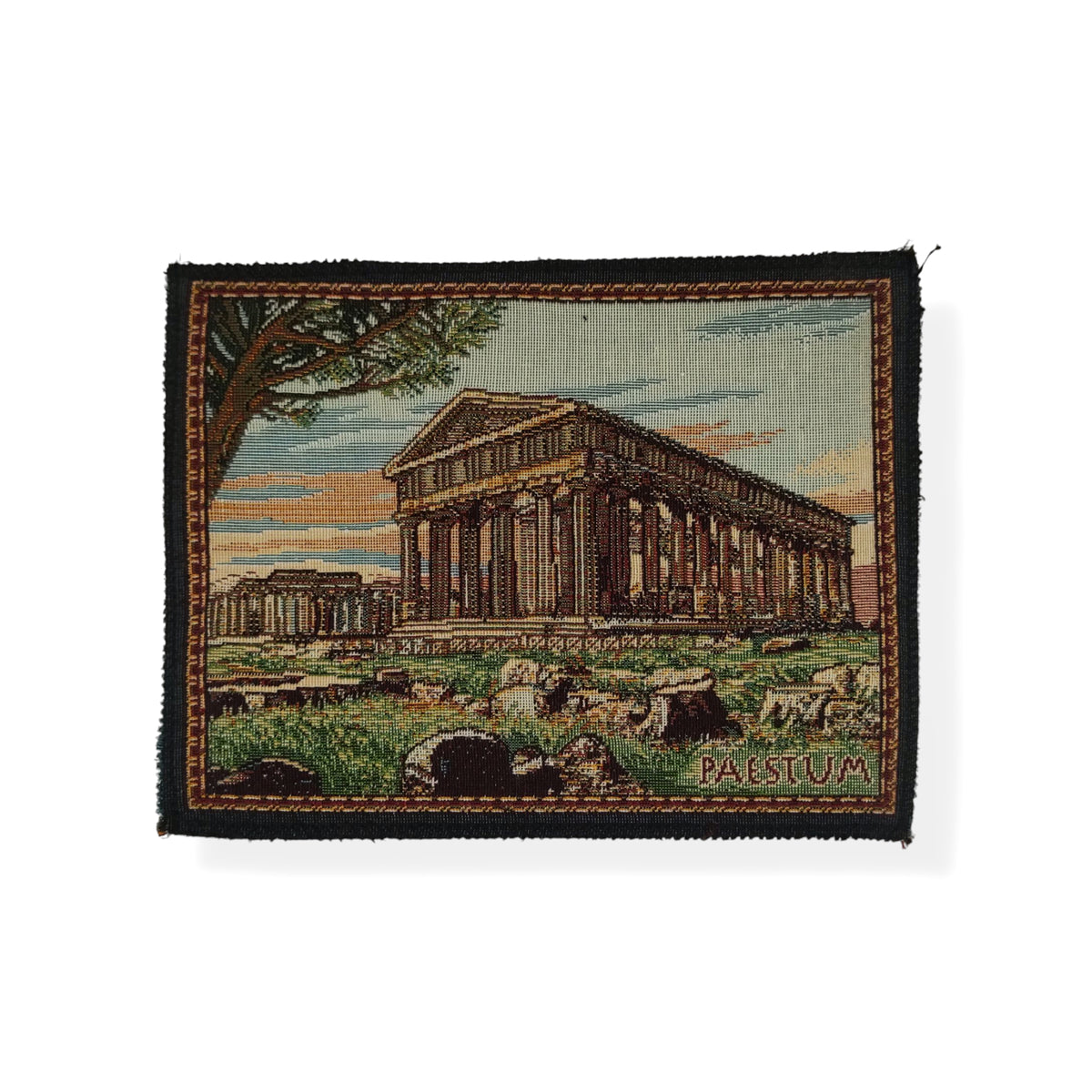 Mouse pad in tessuto jacquard con Tempio di Nettuno e scritta Paestum, su fondo bianco
