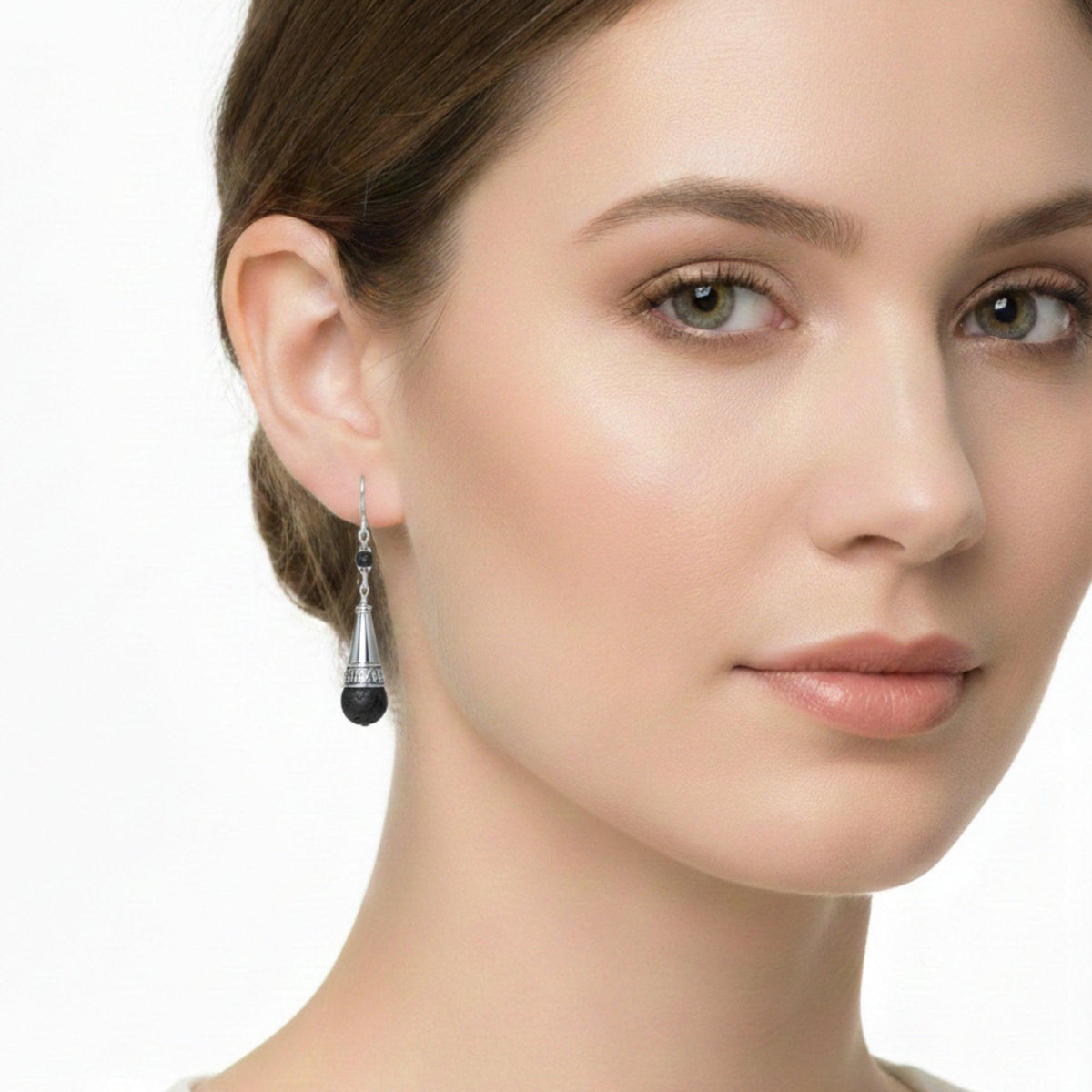 Crotalia earrings in 925 silver with Vesuvian Lava Stone worn  