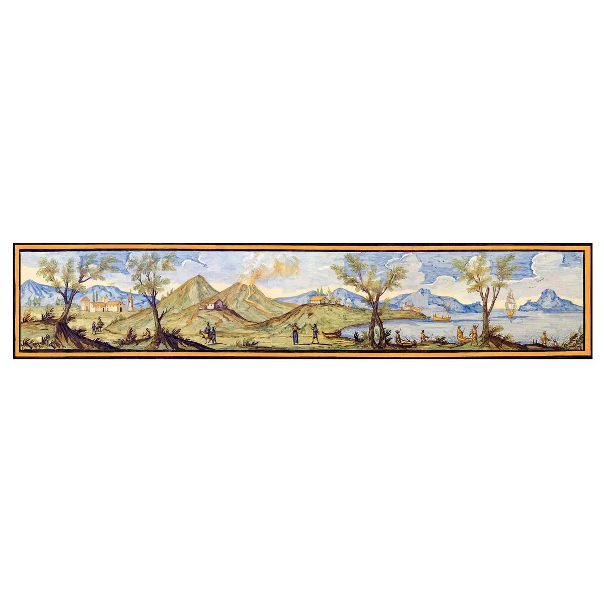Pannello in cotto Santa Chiara con vulcano in eruzione e paesaggio costiero
