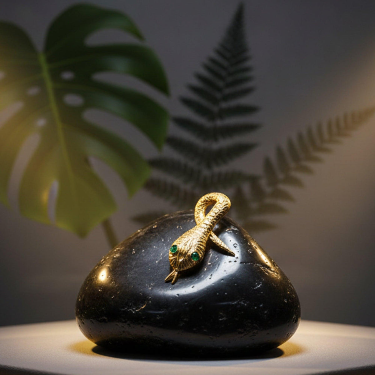 Pendente Serpentello in argento dorato con occhi verdi, su una pietra nera