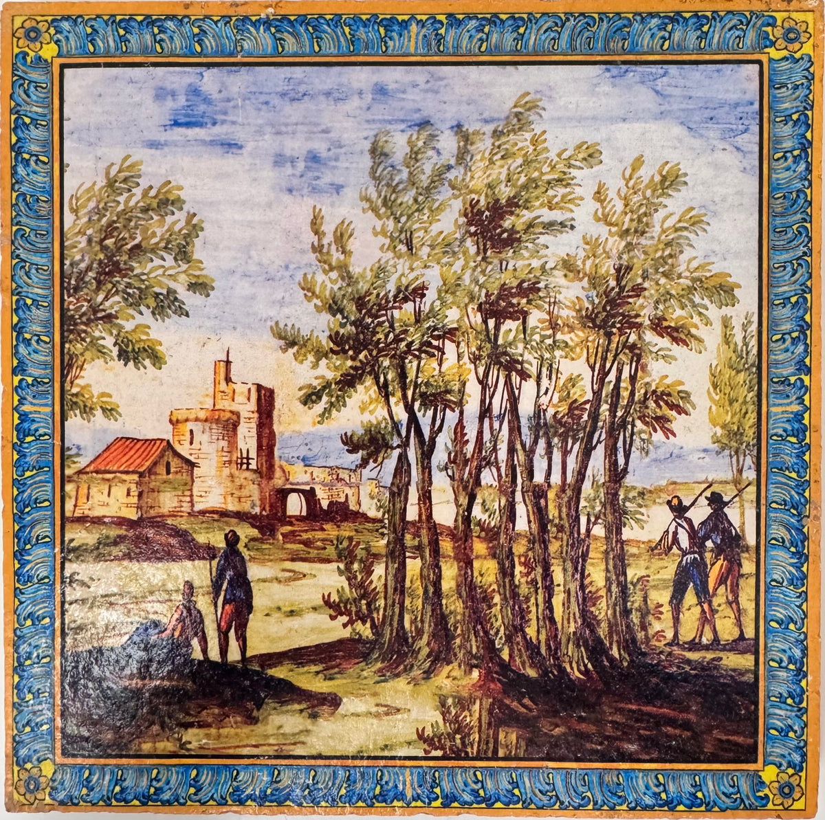 Piastrella in cotto con alberi, edifici e figure nel paesaggio, decoro del Chiostro di Santa Chiara
