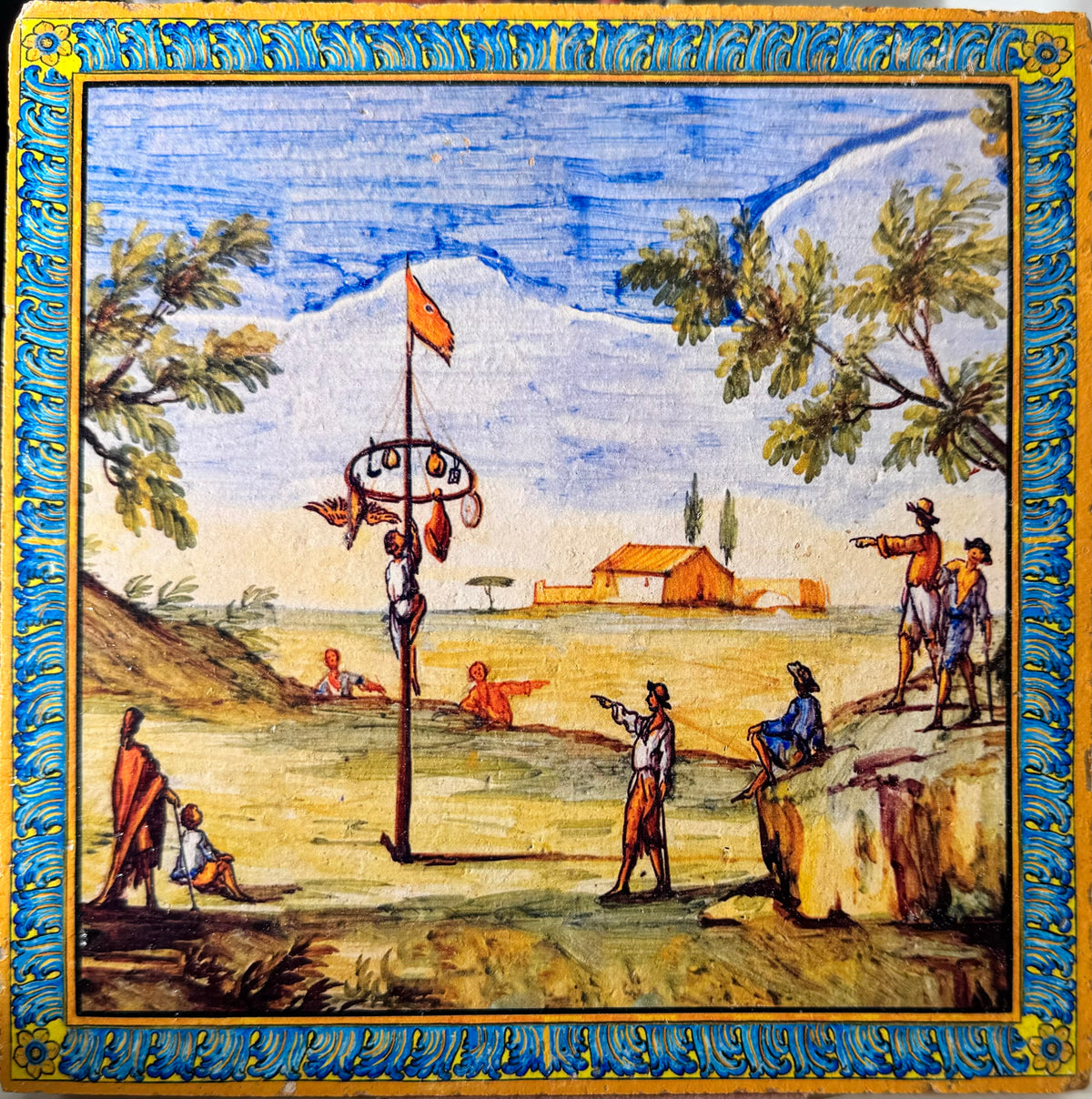 Piastrella in cotto con albero della cuccagna e spettatori, decoro del Chiostro di Santa Chiara