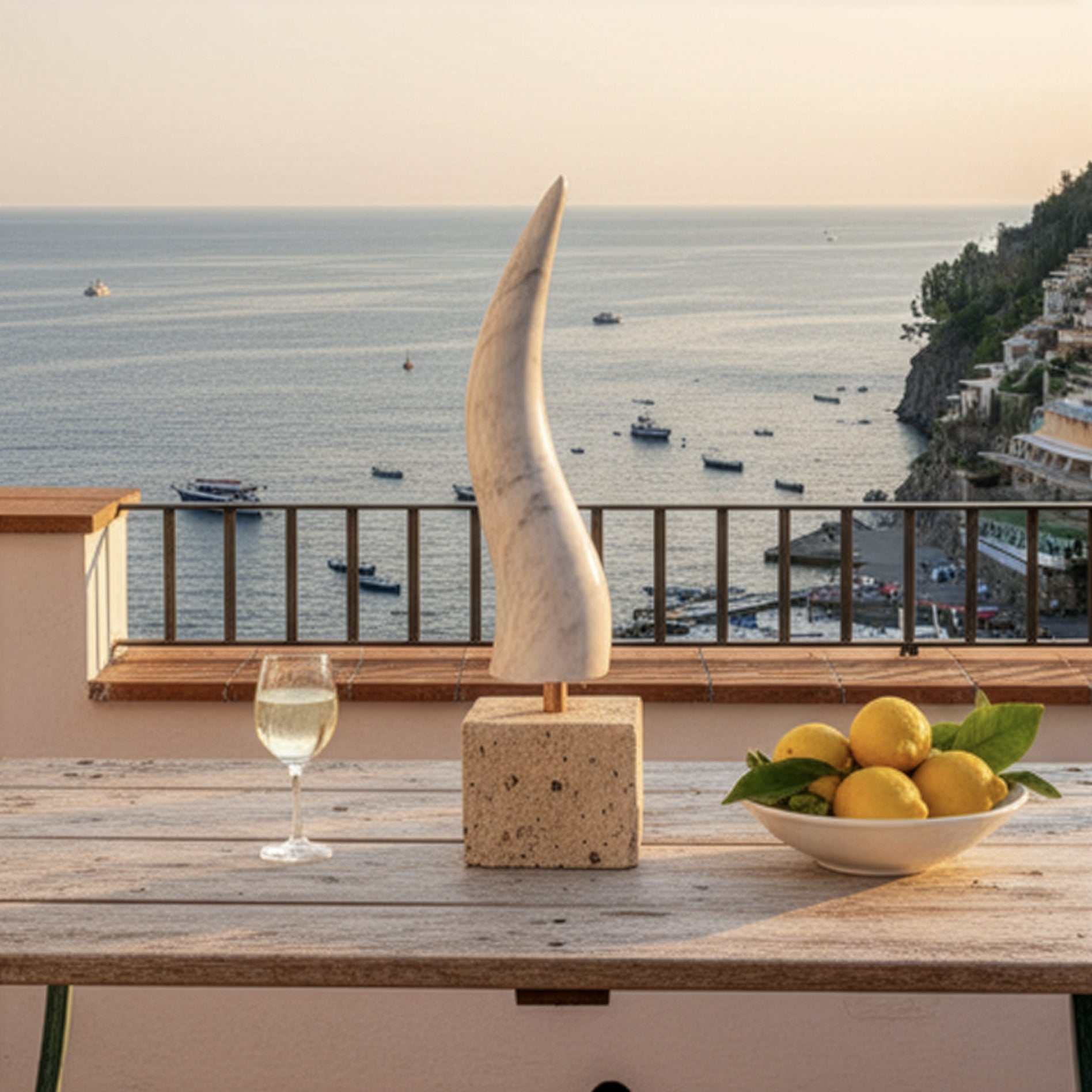 Corno Portafortuna Napoletano in Marmo di Carrara 40 cm con Base in Pietra Lavica, Tufo o Marmo – Amuleto di Design Made in Italy