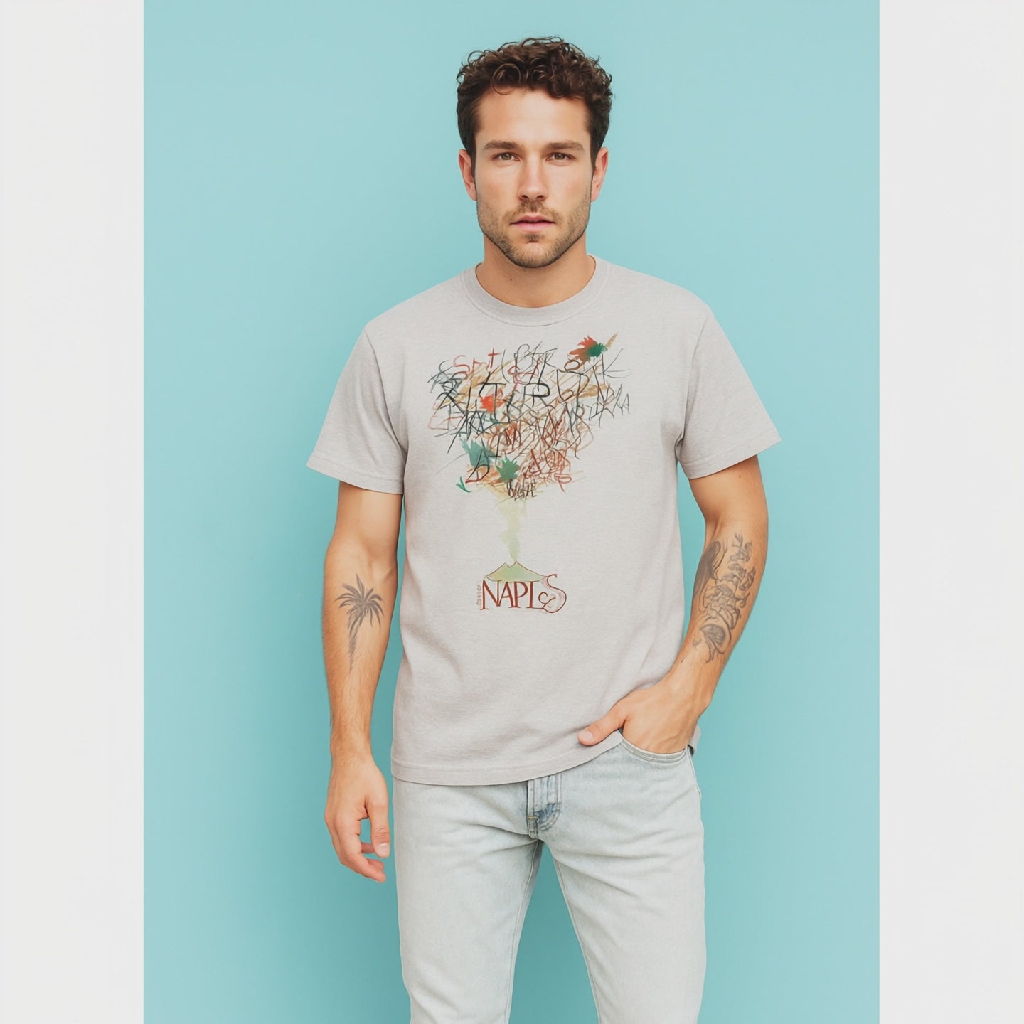 T-shirt unisex in cotone naturale con design artistico “Lettering Napoli” ispirato al Vesuvio.