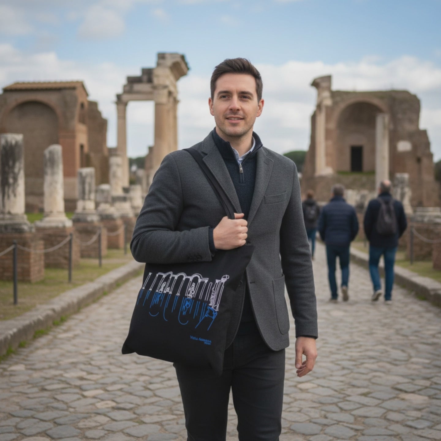 Borsa shopper Villa Adriana in cotone nero