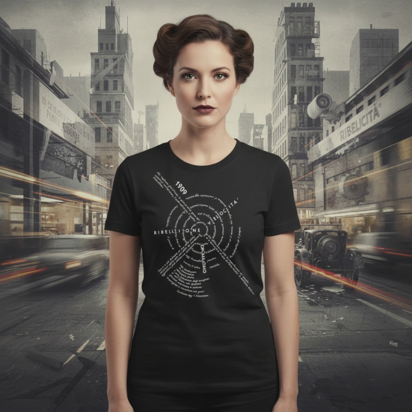 T-shirt donna in cotone ispirata ai manifesti futuristi italiani.