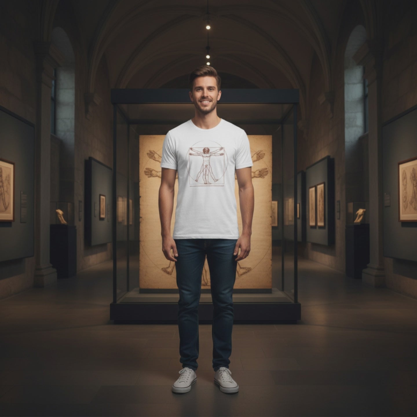T Shirt uomo bianca con stampa Uomo Vitruviano di Leonardo Da Vinci