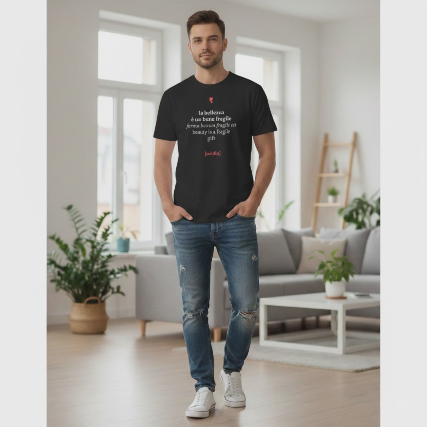 T-shirt da uomo “Ovidio Concettuale” con grafica artistica ispirata ai temi della poesia classica.