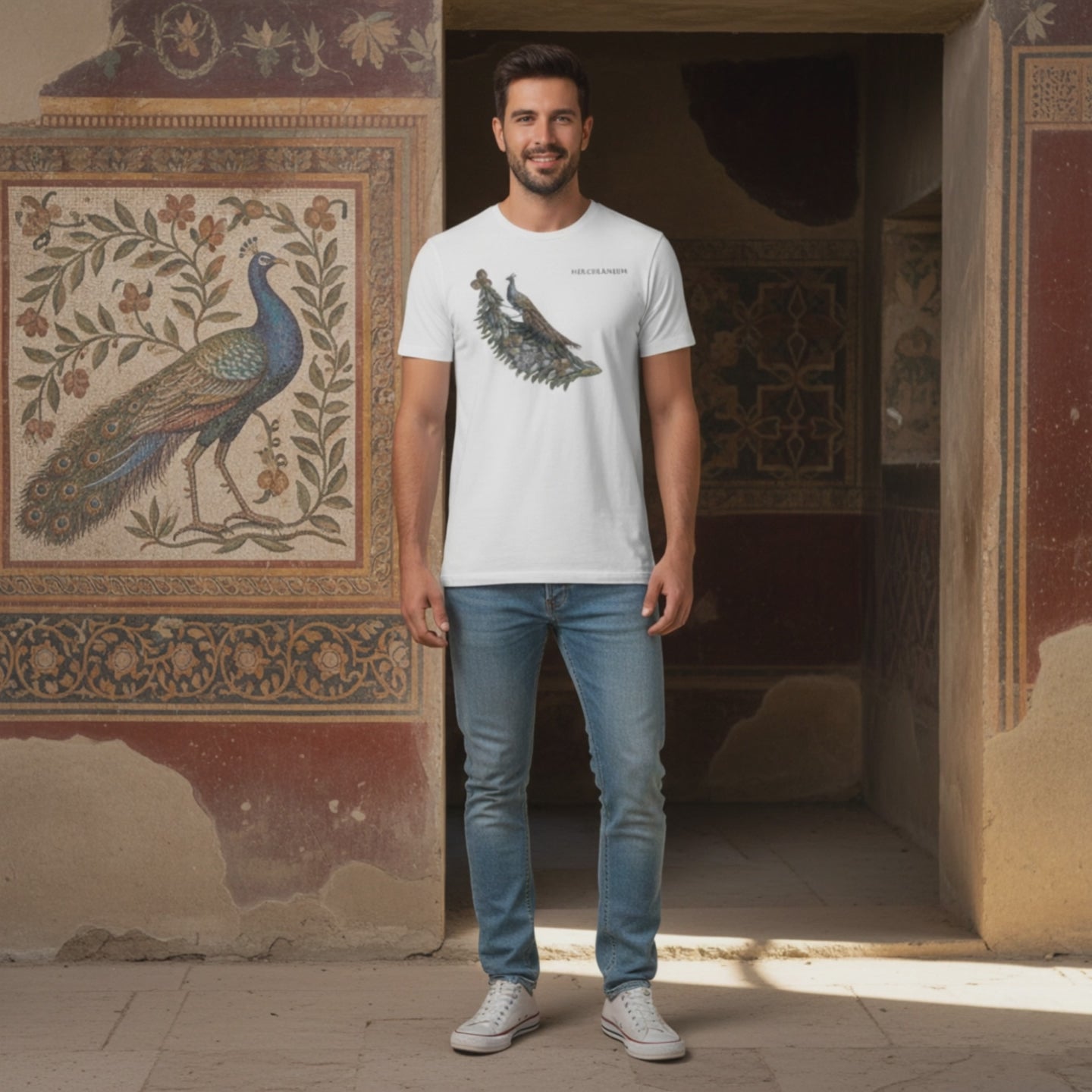 T-shirt uomo in cotone ispirata al pavone di Ercolano, simbolo di eleganza e eternità.