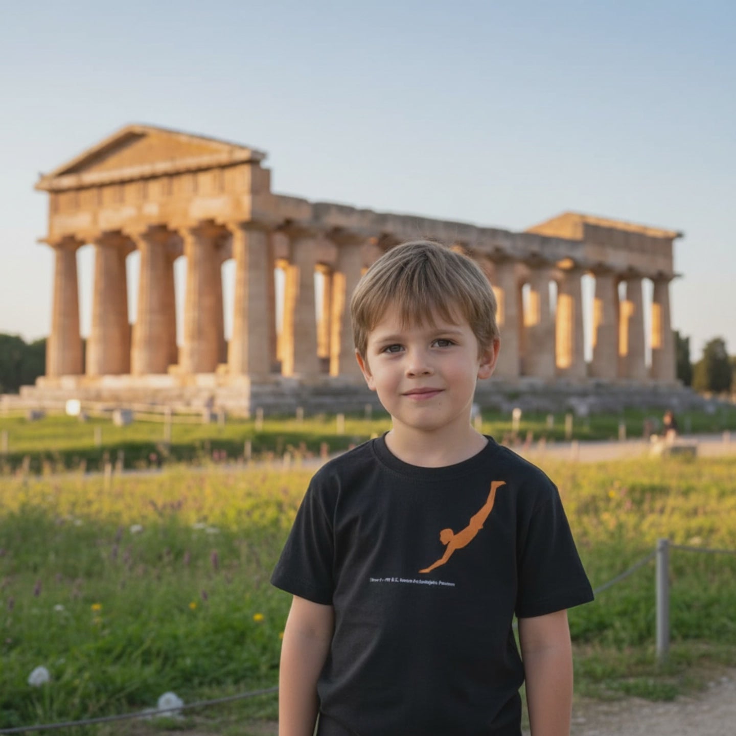 T Shirt bambini nera con stampa del tuffatore di Paestum