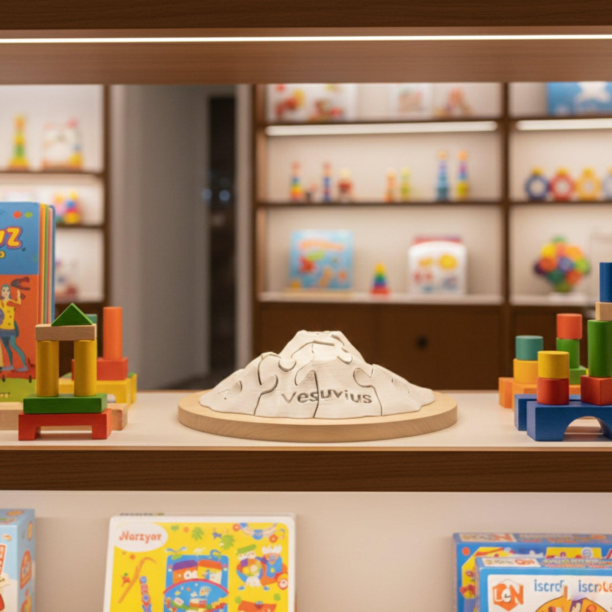 Puzzle Vesuvio bianco con scritta Vesuvius, su base circolare in un espositore con giochi colorati.