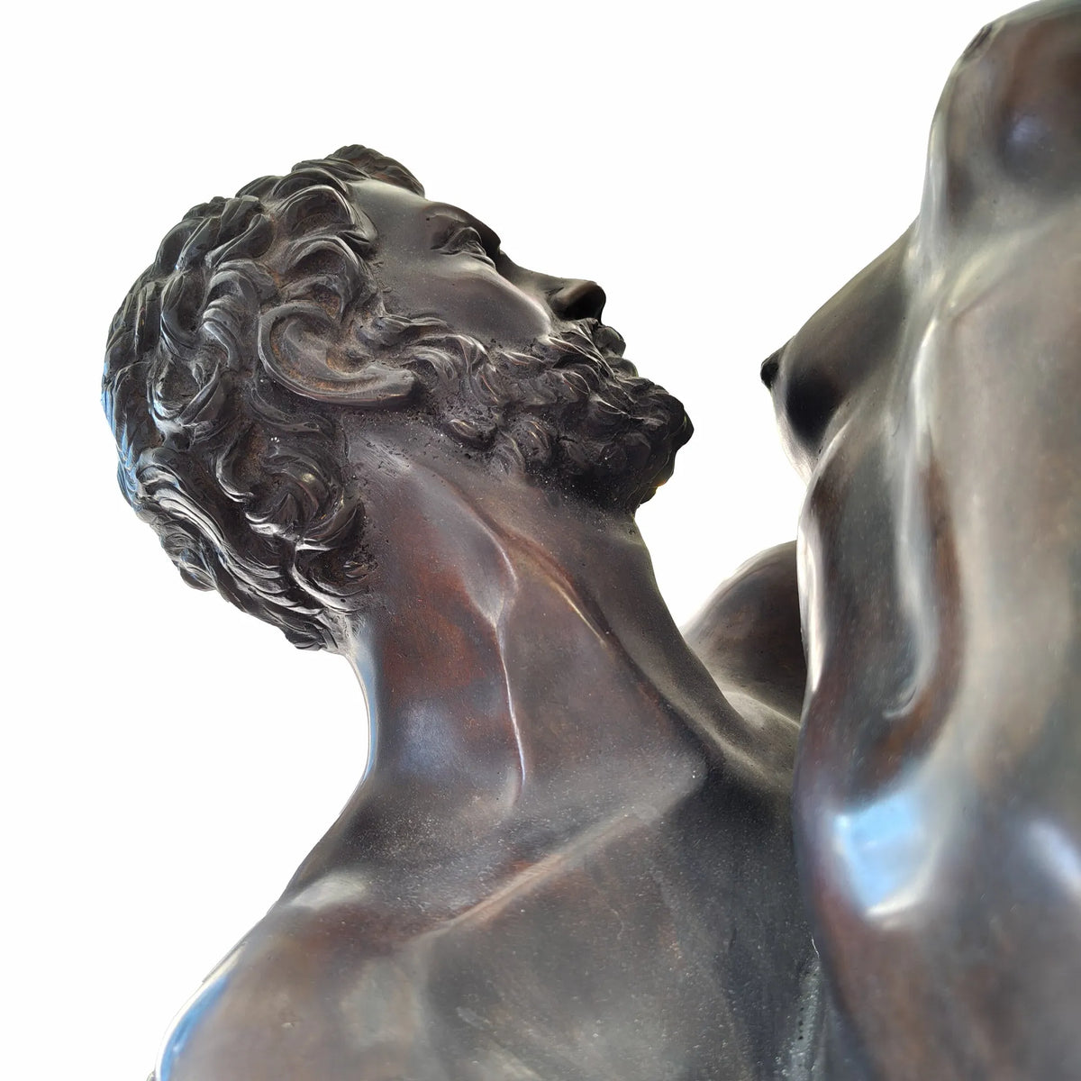Vista laterale della scultura in bronzo Ratto delle Sabine