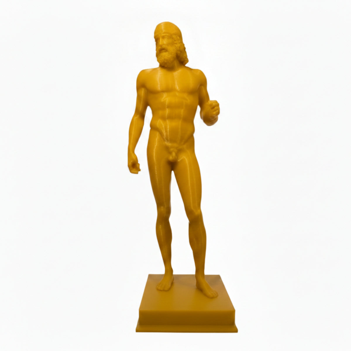 Riproduzione del Bronzo di Riace modello A in PLA giallo, su base quadrata e fondo bianco.
