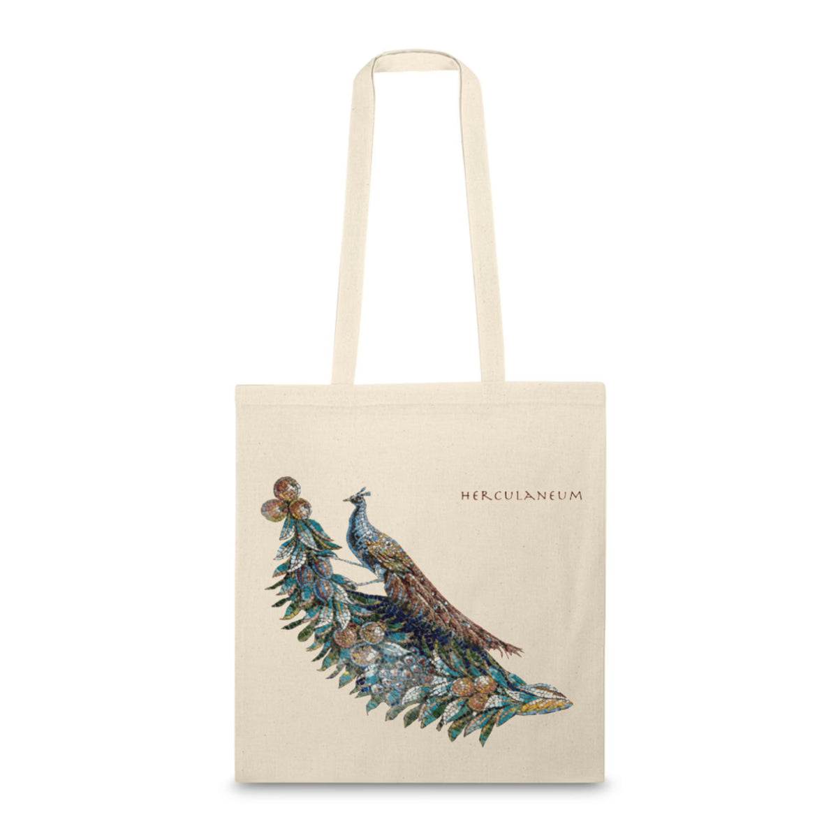 Shopper in cotone naturale con manici lunghi, pavone e scritta Herculaneum, su fondo bianco