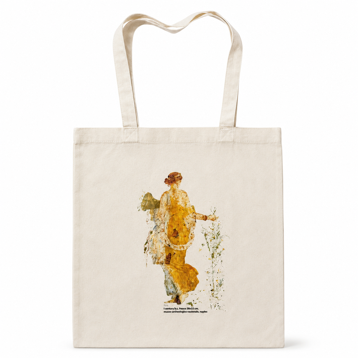 Shopper ecru in cotone con stampa della Flora e manici lunghi, vista frontale su fondo bianco