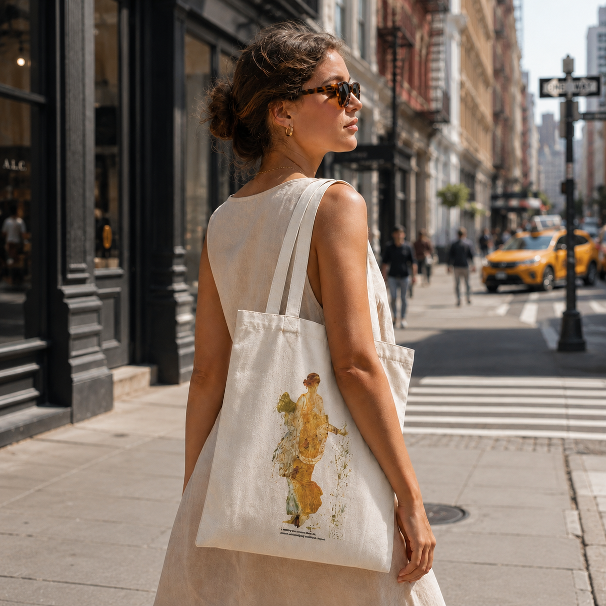Shopper ecru in cotone con stampa della Flora, portata a spalla in una strada cittadina