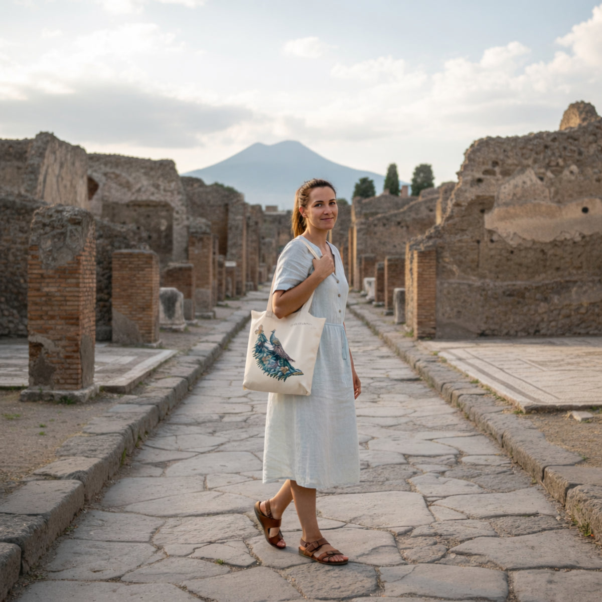 Donna con shopper beige con pavone a spalla, lungo una strada tra rovine