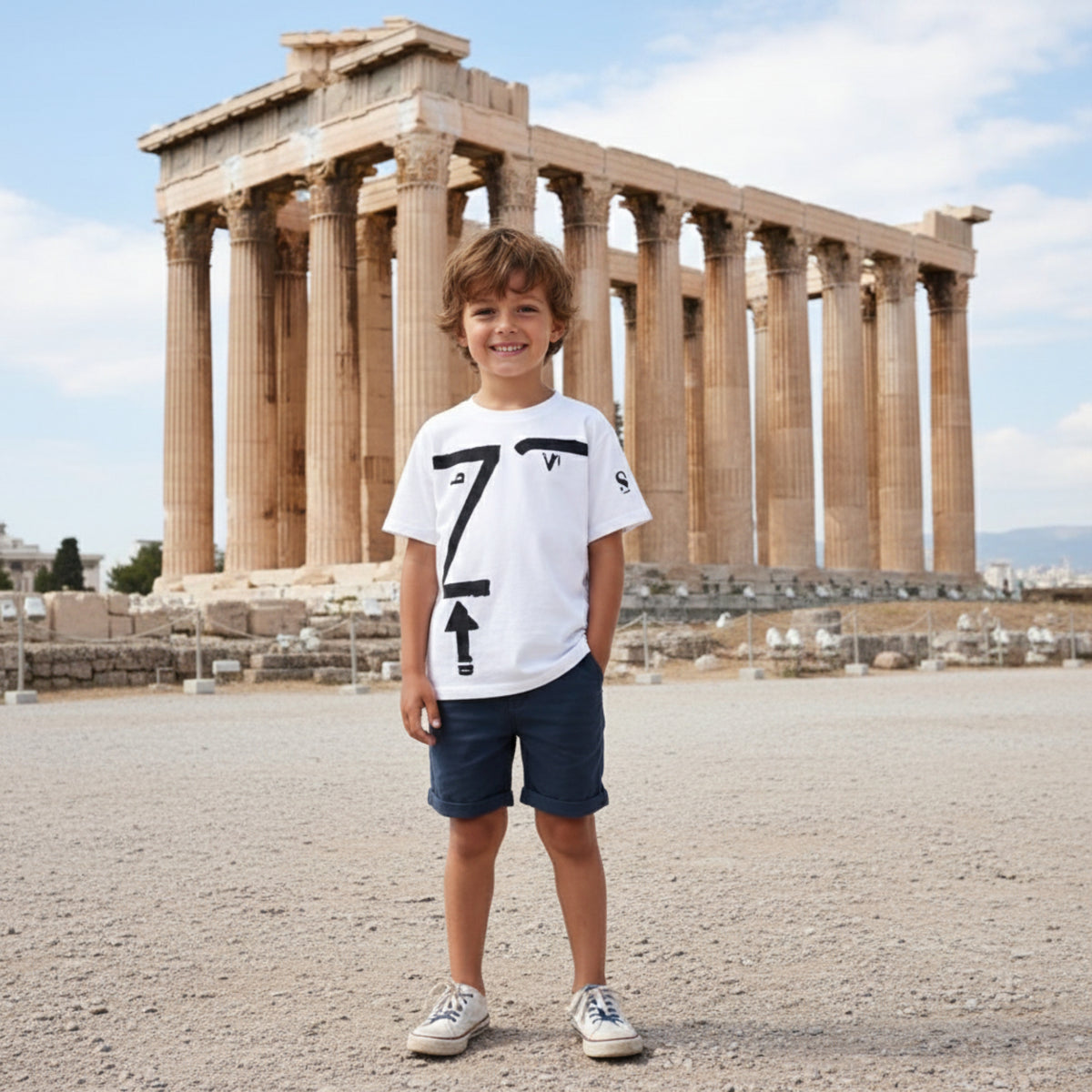T-shirt bianca bambino Kounellis, con segni neri, indossata all'aperto davanti a un tempio
