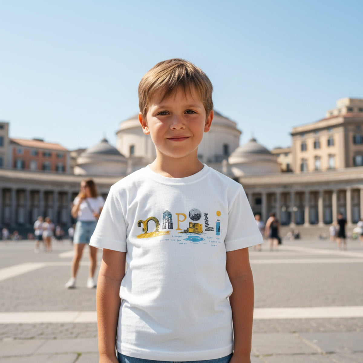 T-shirt bianca da bambino con scritta multicolore «Napoli», indossata in una piazza con colonnato.