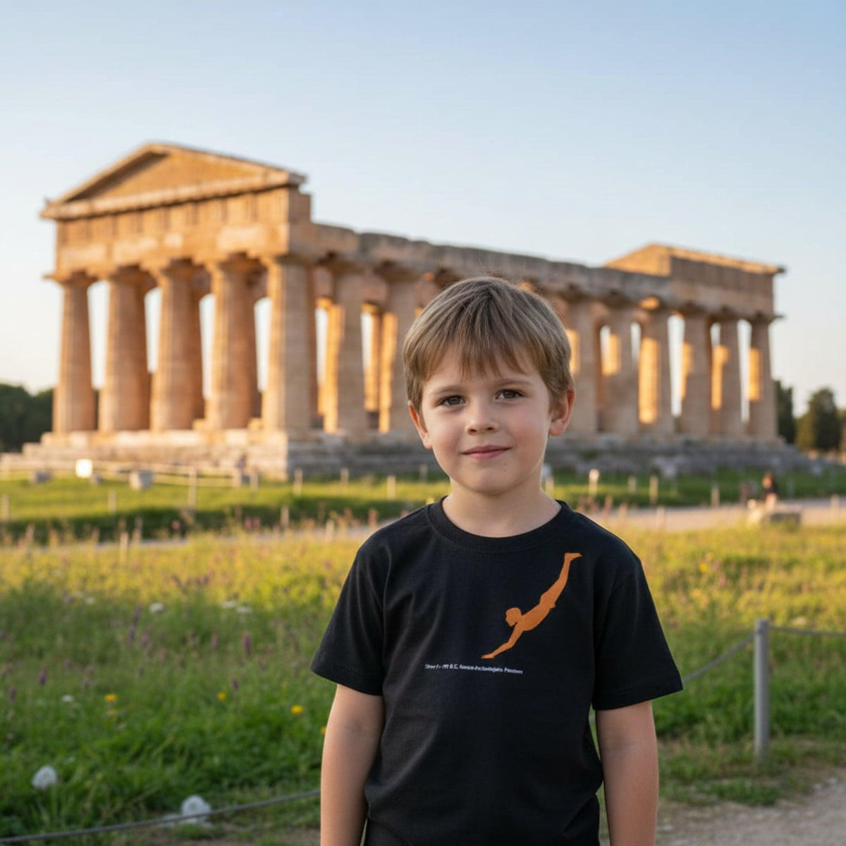 T Shirt bambini nera con stampa del tuffatore di Paestum