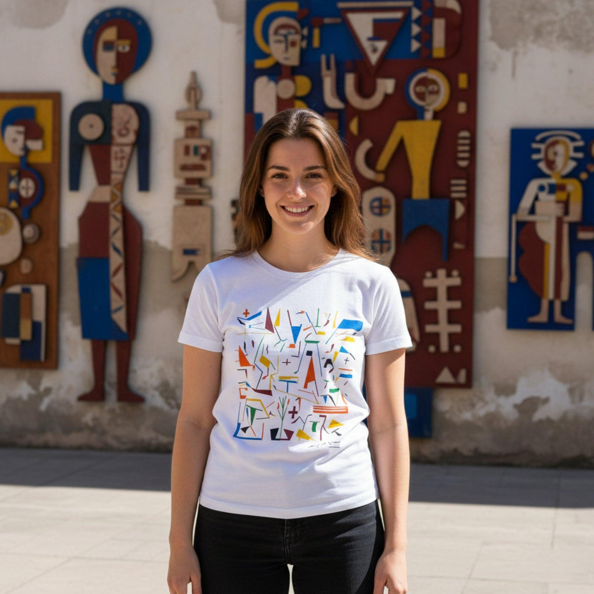 T-shirt bianca da donna con stampa multicolore di Mimmo Paladino, indossata davanti a una parete decorata.