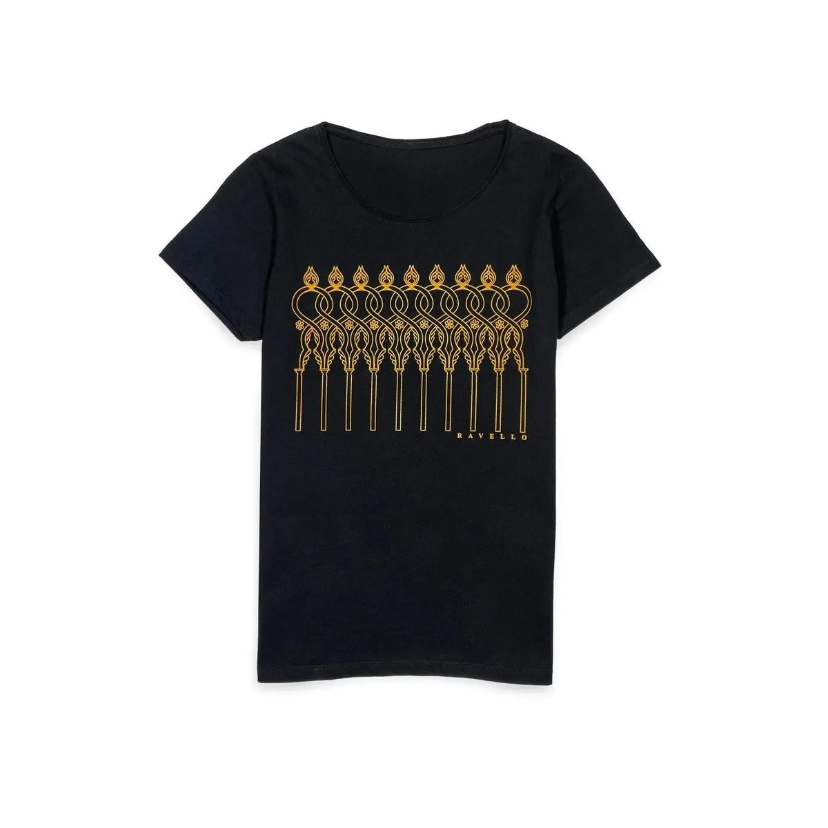 T-shirt nera da donna con archi intrecciati dorati e scritta «Ravello», vista frontale su fondo bianco.