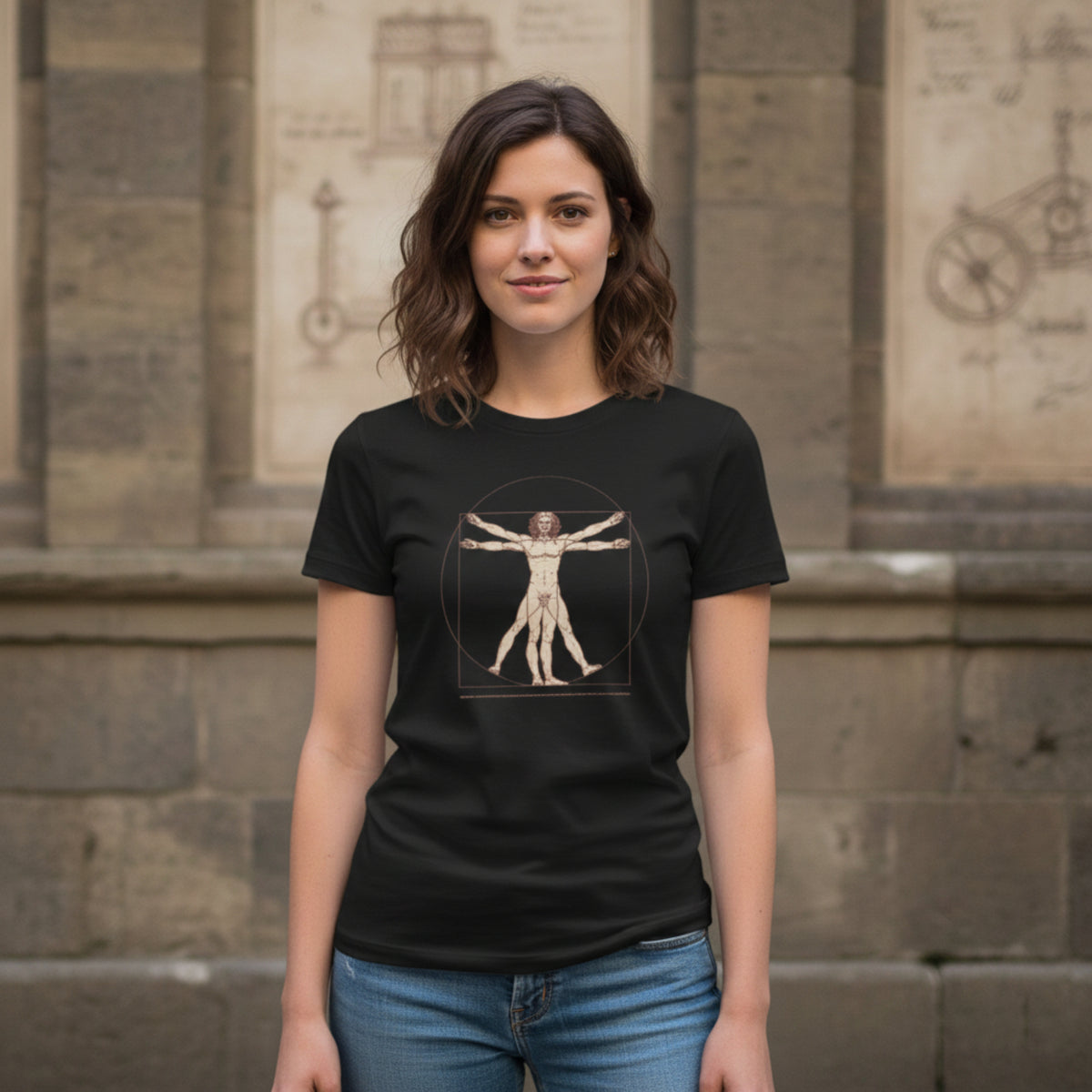 T-shirt femme blanc avec impression Homme de Vitruve de Léonard de Vinci porté