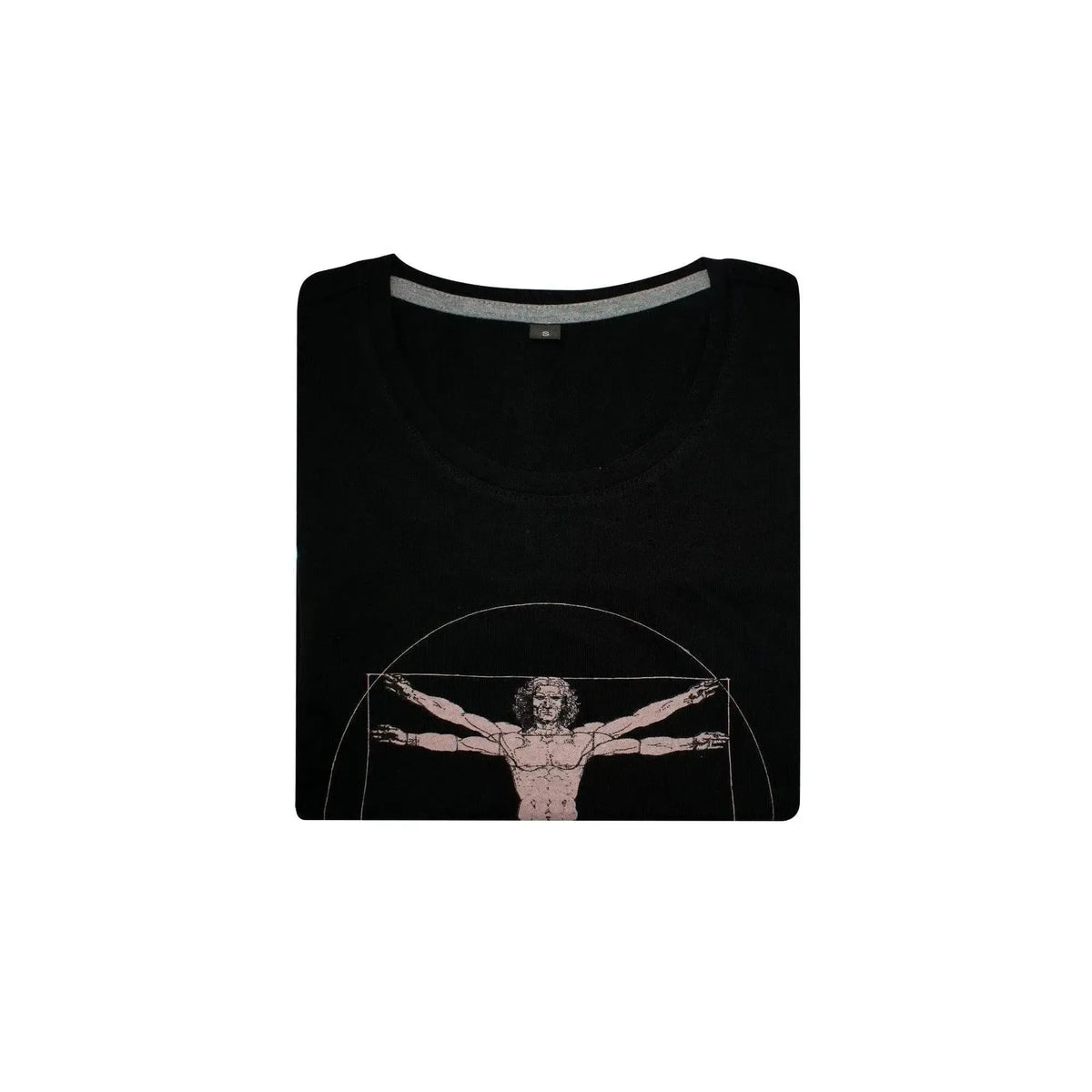 T-shirt femme noir avec imprimé Homme de Vitruve plié de Léonard de Vinci
