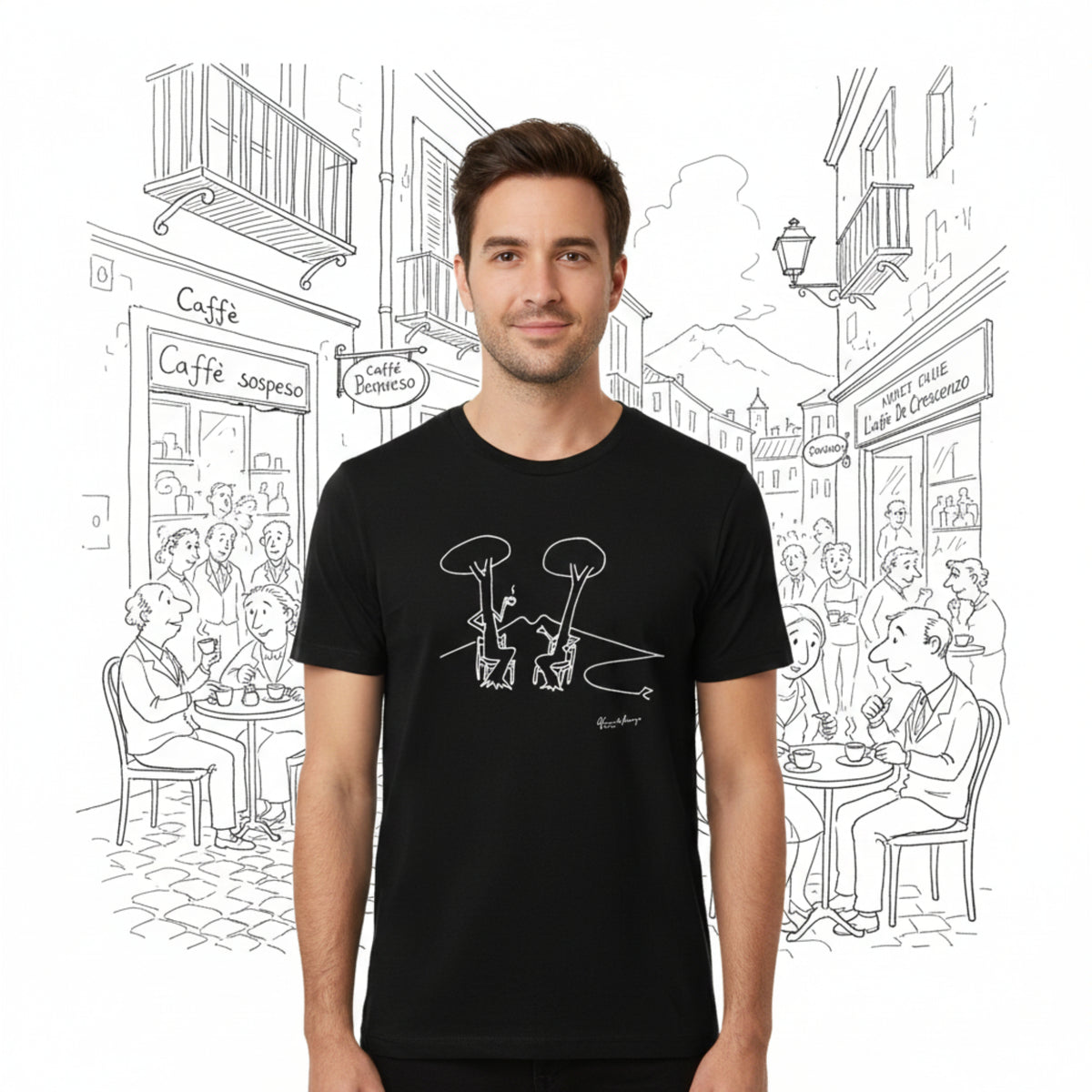 T-shirt nera uomo De Crescenzo indossata, con disegno bianco di due alberi, su sfondo illustrato