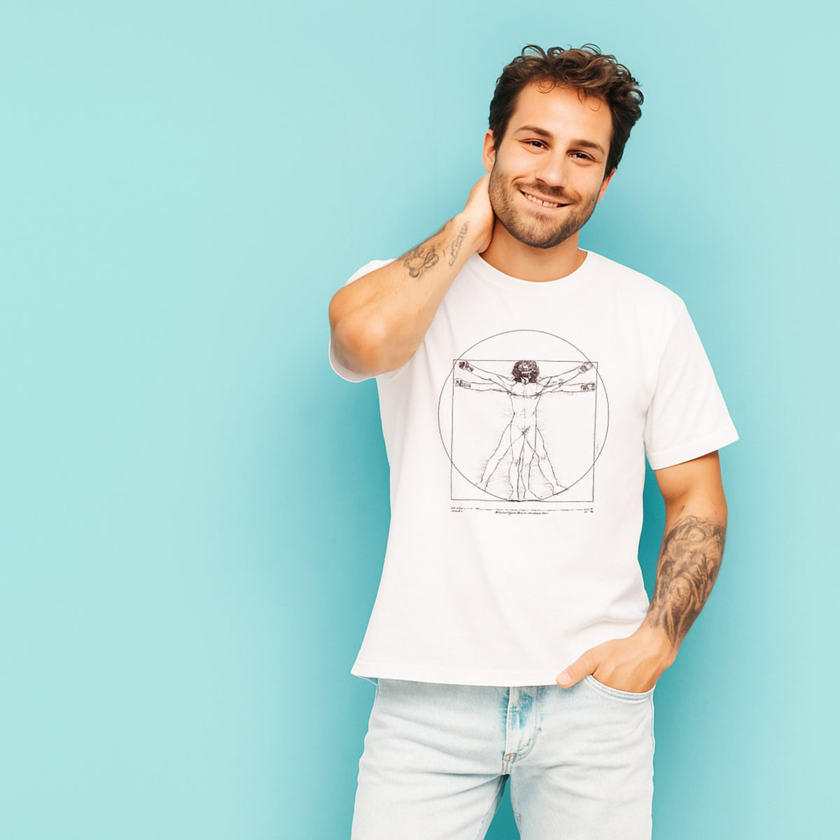 T-shirt uomo bianca con stampa dell’Uomo Vitruviano, indossata su sfondo turchese