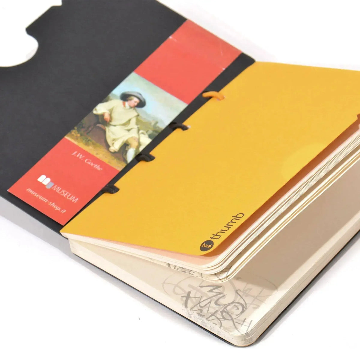 Taccuino Viaggio in Italia aperto, con foglio giallo e cartoncino illustrato di Goethe