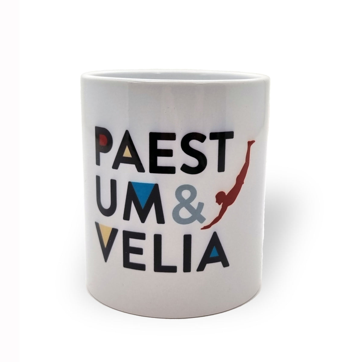 Tazza bianca con scritta Paestum & Velia e sagoma rossa del tuffatore