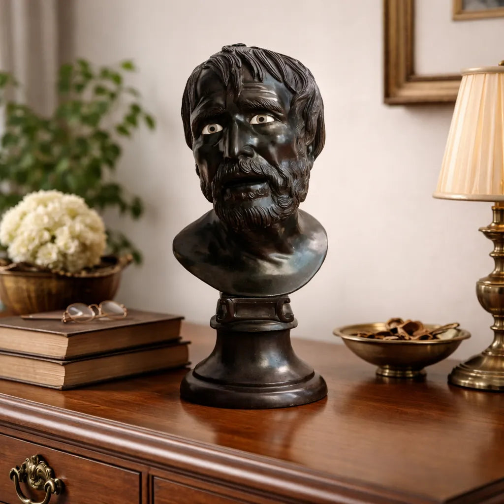 Busto testa di Seneca in bronzo scuro, con volto barbato, occhi chiari e base rotonda, fotografato in ambiente elegante su mobile in legno.