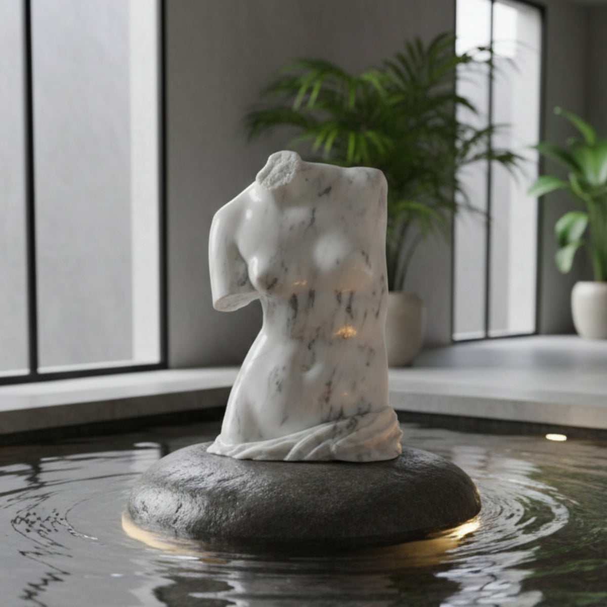 Vista frontale  del busto della Venere di Milo in marmo di Carrara su una fontana.