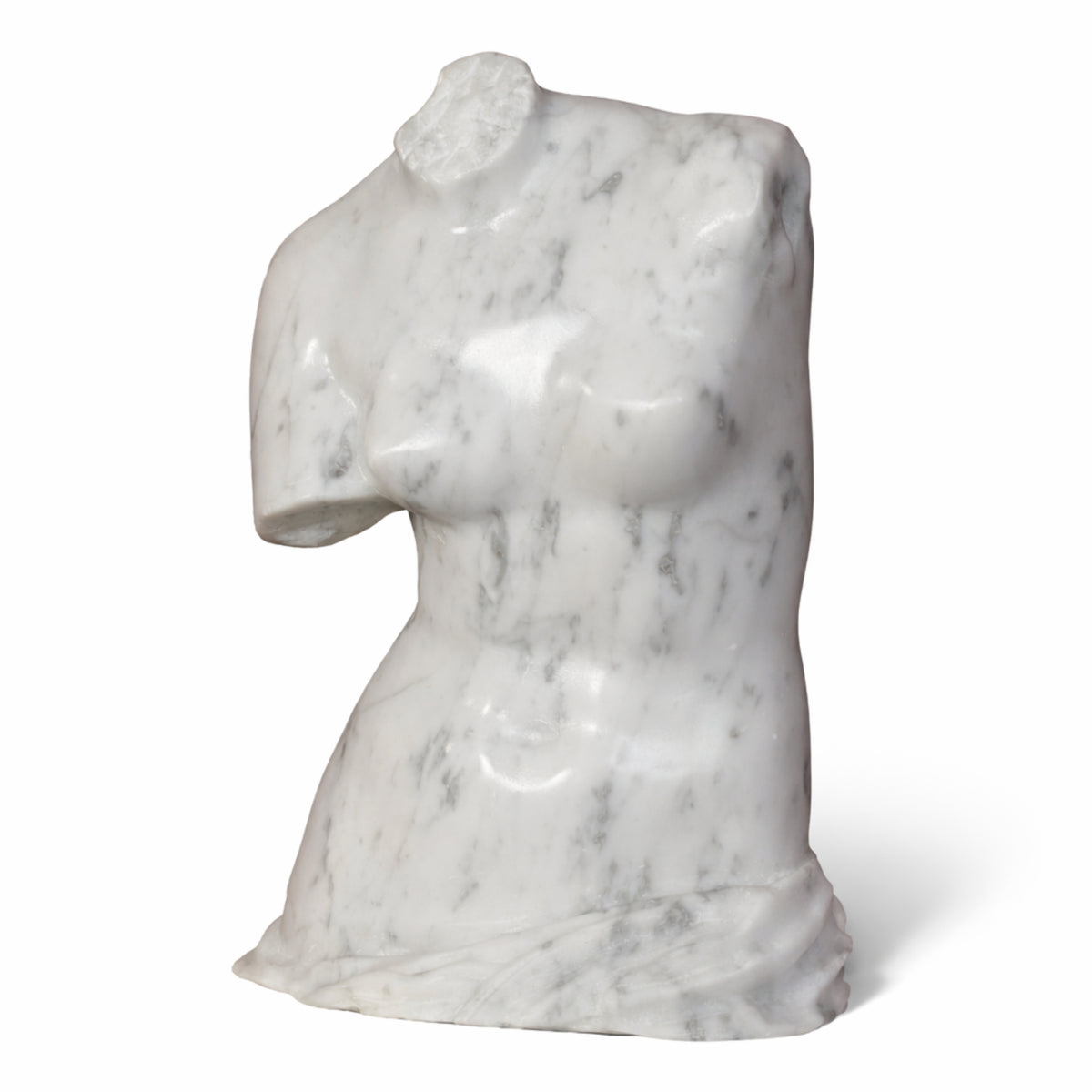 Vista frontale del busto della Venere di Milo in marmo di Carrara su fondo bianco.
