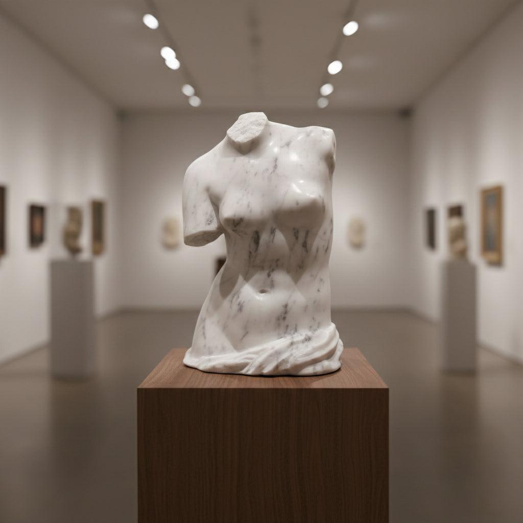 Vista a tre quarti del busto della Venere di Milo in marmo di Carrara in una mostra.
